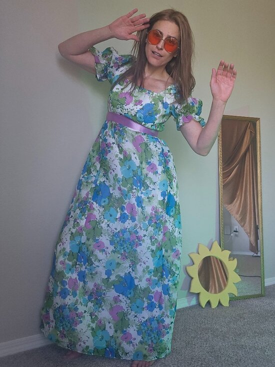 Vintage Dresses & Skirts - Vintage 1960's Handmade Blue, Green & Purple Flower Power Dress